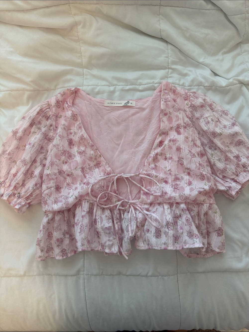 Altar'd State Pink Floral Tie-Front Crop Blouse